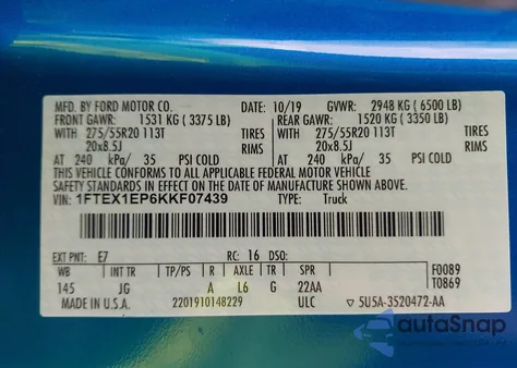 2019 Ford F-150 Xl z USA, uszkodzony, nr VIN 1FTEX1EP6KKF07439